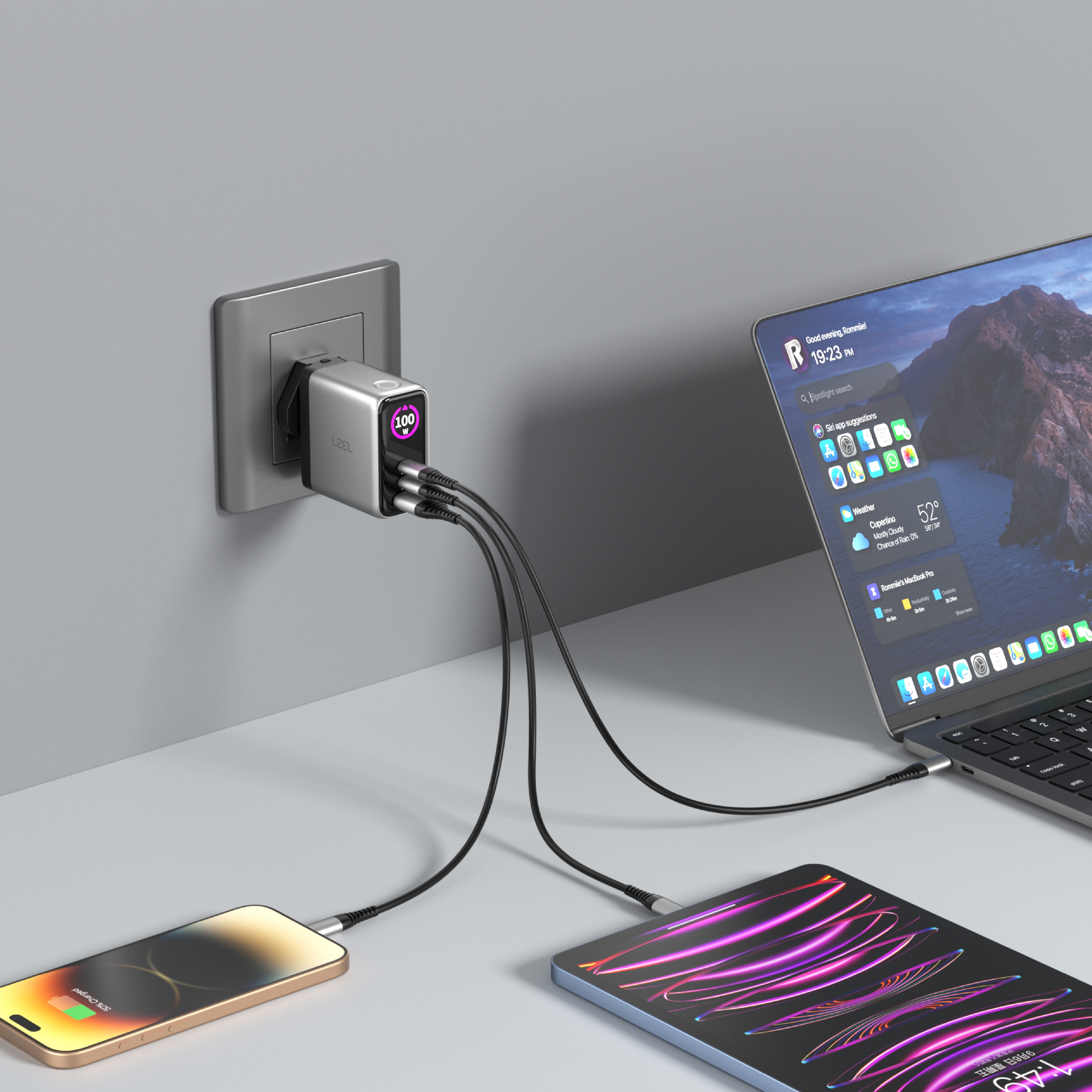 LZEL 100W GaN Travel Charger with 3-Port PD Digital Display & UK/EU/AU Plugs | Silver/Black LZEL 100W GaN Travel Charger with 3-Port PD Digital Display & UK/EU/AU Plugs | Silver/Black